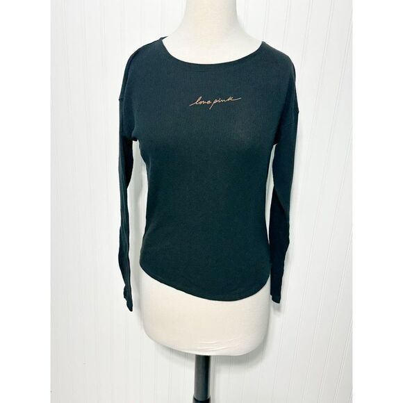 PINK Victoria's Secret Women's Love Pink Thermal Knitted Top Black‎ Size XS - Picture 1 of 10